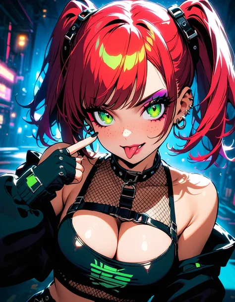 woman, curly red hair in pig tails, green eyes, eye shadow, black hoodie, black finger-less gloves, exposed shoulders, large breasts, freckles, cleavage, fishnet undershirt, looking at viewer, Holo-Punk Style, goth, earrings, eyelashes, makeup, solo, tatto...