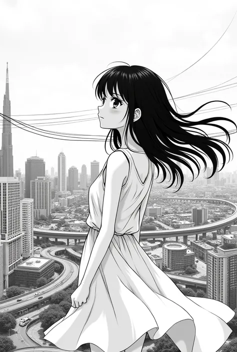 Anime girl in a city black and white drawing 