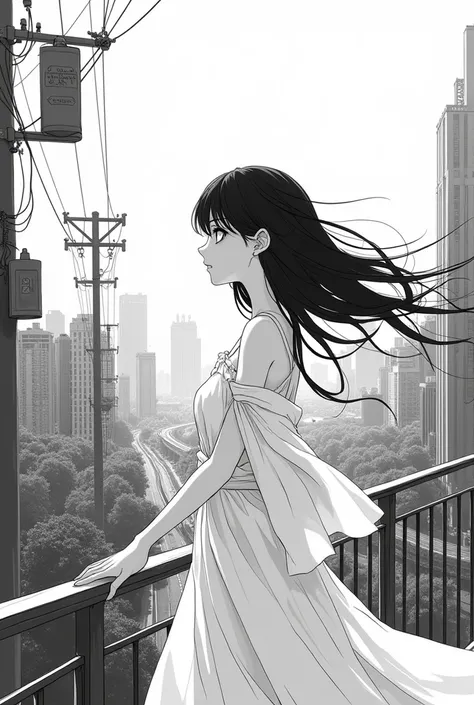 Anime girl in a city black and white drawing 