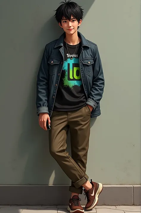 a handsome man from Thailand, wearing a dark brown denim jacket and a bright black t-shirt with a Ghoul motif, his shirt has text written on it"LD" green blue logo broken letters, long pants, brown sports shoes, slightly messy black hair, standing pose, sh...