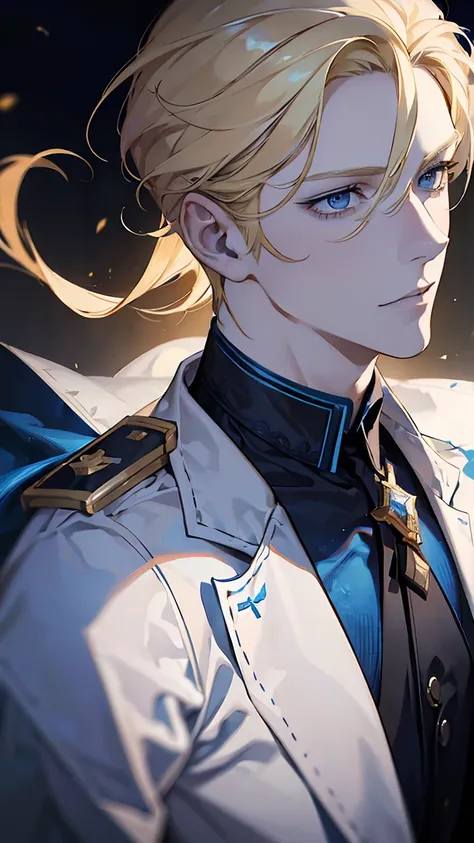 a handsome young man with blonde hair and blue eyes, wearing an academy uniform, detailed facial features, dynamic pose, realistic lighting, cinematic composition, rich color palette, highly detailed, photorealistic, masterpiece, muscular, full body