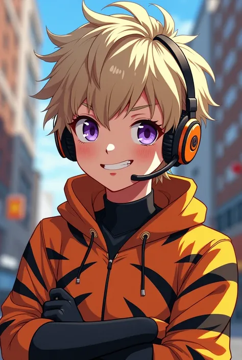 Draw in 2D anime style, a young boy, that is husbando, that has ash blonde hair, that has violet eyes, has headphones, dressed in comic book hero clothes with a tiger look, Boku no Hero Academia hero costume, that his suit with black stripes, that looks li...