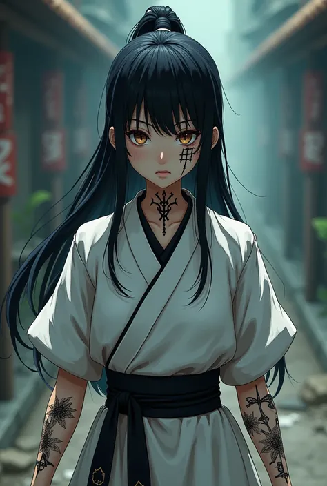 A young black-haired girl with long, untied hair, with tattoos in the form of lines around various areas, mainly limbs and face of his body as Ryomen Sukuna wearing a white battle dojo clothing with a black shirt inside.