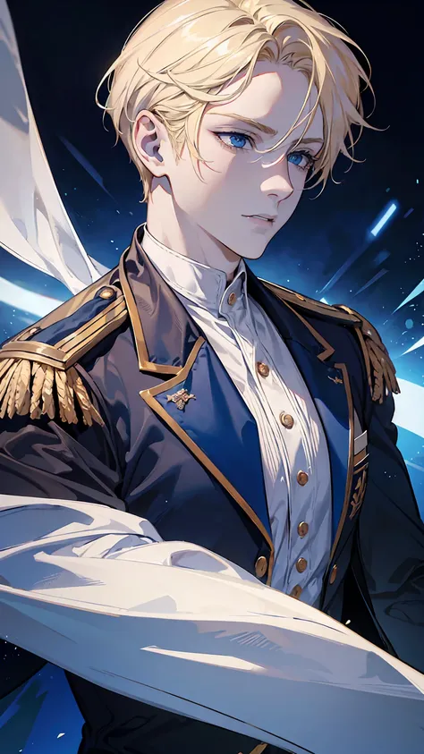 a handsome young man with blonde hair and blue eyes, wearing an academy uniform, detailed facial features, dynamic pose, realistic lighting, cinematic composition, rich color palette, highly detailed, photorealistic, masterpiece, muscular, full body