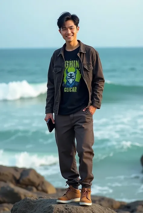 a handsome man from Thailand, wearing a dark brown denim jacket and a bright black t-shirt with a Ghoul motif, his shirt has text written on it"LD" green blue logo broken letters, long pants, brown sports shoes, slightly messy black hair, standing pose, sh...