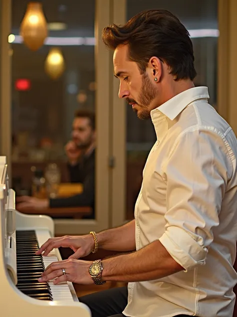 A photo of Tony Stark enjoying a night out at his favorite jazz club, playing the piano.,Marvel Cinematic Universe,Stark is typically depicted as handsome and stylish, with neatly groomed facial hair, a sophisticated sense of fashion, and a well-built phys...