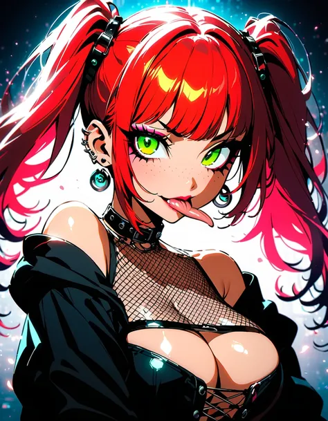 woman, curly red hair in pig tails, green eyes, eye shadow, black hoodie, black finger-less gloves, exposed shoulders, large breasts, freckles, cleavage, fishnet undershirt, looking at viewer, Holo-Punk Style, goth, earrings, eyelashes, makeup, solo, tatto...