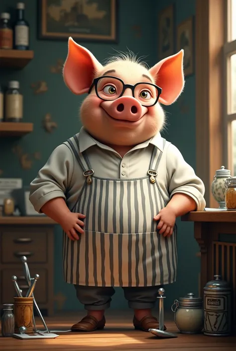 Man with a pig face wearing glasses and dressed as a barber