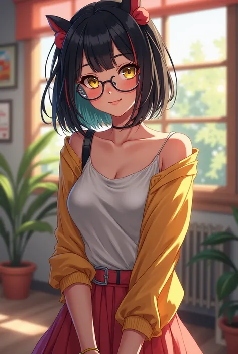 Anime nerdy woman, black hair, highlights, tan skin, yellow eyes, cute skirt or dress, full body, black nails, glasses, gamer, girly, hair accessory