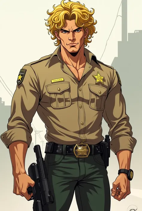 sheriff of los angeles, curly hair (yellow), anime style drawing (man with serious face) uses a gun