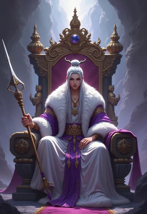 Handsome young man between 18 and  ,long silver hair tied in a bun with amethyst eyes wearing a beautiful outfit made of white bear fur, tigers, a crown of horns above the head slightly resembling the sun, surrounded by beautiful concubines. Sitting on a t...