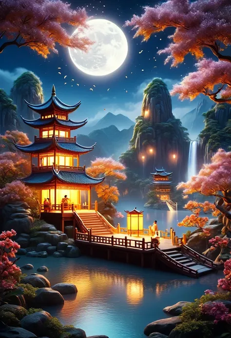 a captivating night scene in 3d art style, showcasing a tranquil mid-autumn festival. the scene is filled with miniature mooncak...