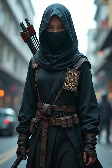 a girl like ninja around age 15, Muslim niqabis close her face, wearing cloak, slim body, holding katana, cyberpunk, big name tag using  roman text Mata Dragon text on cloth or on katana, have bow and arrow on her back, camera long shot show her full body,...