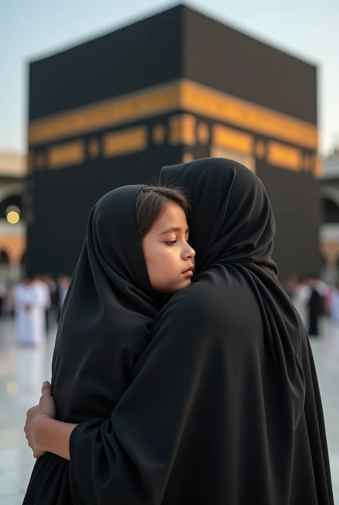 A girl standing in front of khana kabah with her mother  putting her head on mother shoulder with back pose with head covered which seems original picture 