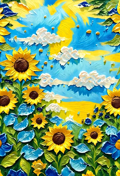 (((acrylic paint，thick coating，plaster texture)))，blue sky and white clouds，sunflower，vibrant gouache landscape, colorful scene,...