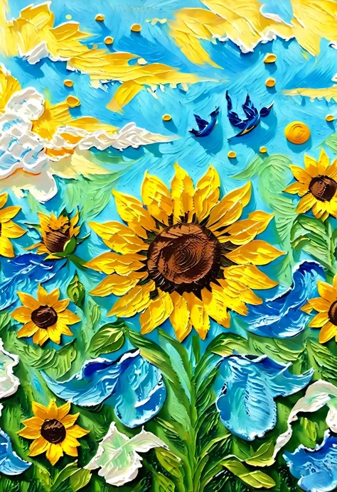 (((acrylic paint，thick coating，plaster texture)))，blue sky and white clouds，sunflower，vibrant gouache landscape, colorful scene,...