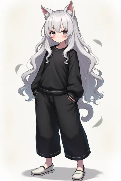 white wavy hair, long black pajamas, cat ears, black shirt, white shoes