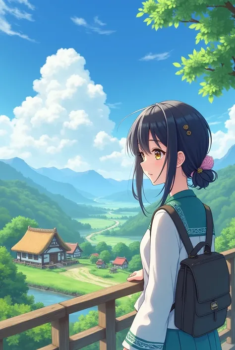 Anime girl in a city with a rural landscape background