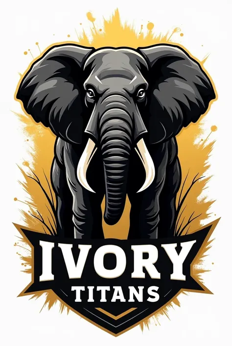 Create a photo of the logos for a sports team named ivory titans with a black gold and white color scheme with ivory titans written below it with an elephant in it 


