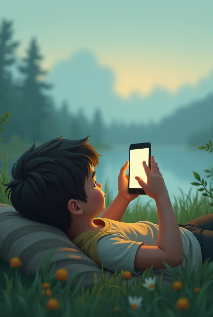 A boy is lying down. He has his phone by his side and picks it up. A photo of how he sees it.