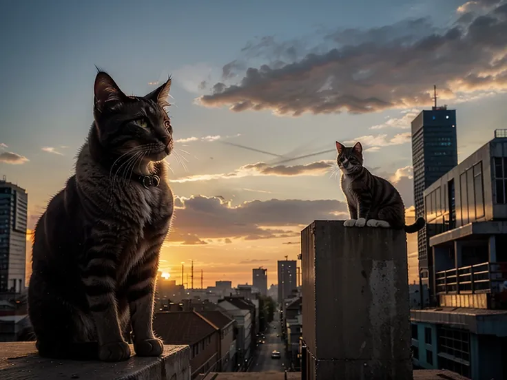 A cat watching the sunset in a dystopian city