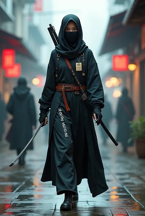 a girl like ninja around age 15, Muslim niqabis close her face, wearing cloak, slim body, holding katana, cyberpunk, big name tag using  roman text Mata Dragon text on cloth or on katana, have bow and arrow on her back, camera long shot show her full body,...