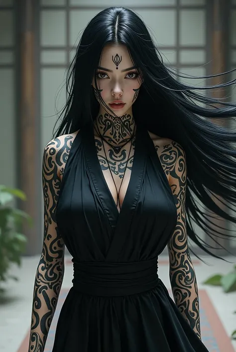 A young black-haired woman with long hair untied, with tattoos in the form of lines around various body areas, mainly limbs and face like Ryomen Sukuna from Jujutsu Kaisen, wearing combat clothing consisting of a black and white dojo outfit.