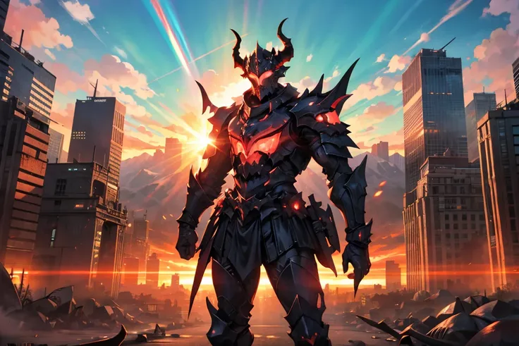 masterpiece, best quality, monster, black armor, helmet with horns, red glowing, standing, outdoors, futuristic cityscape, morni...