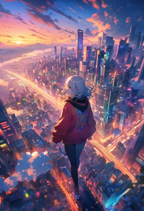 angelic, detailed woman who is walking, woman wearing hoodie, highest billding in city, road, sunrise, horizon, skyline, in the sky, city of clouds, colorful, high-res, 8K