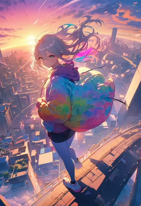 angelic, detailed woman who is walking, woman wearing hoodie, highest billding in city, road, sunrise, horizon, skyline, in the sky, city of clouds, colorful, high-res, 8K