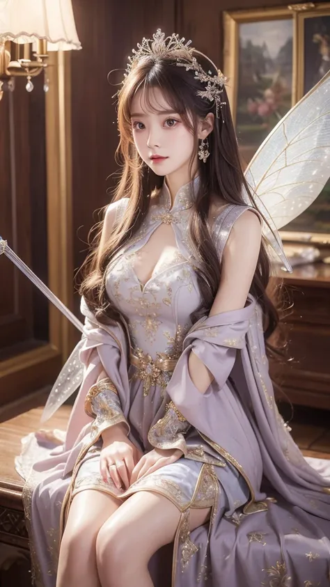 best quality, masterpiece, detailed background,
1girl, hkstyle, long hair, gradation hair,  gorgeous dress, Ready your sword, anguish, (smile:0.4), Fairy Wings,
reij-snrs, indoor,