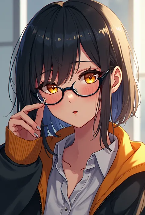 Anime nerdy girl, black hair, highlights, tan skin, yellow eyes, full body, black nails, glasses, nerdy clothing, girly