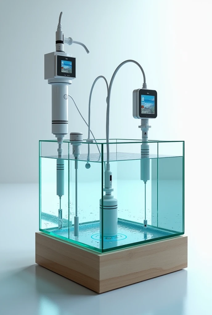  I am doing a project based on iot water monitoring system including quality measuring, level detection, obeject detection and leakage and give alerts to web browser user ..give an image with a fish tank without fish  for demo prototype expected outcome 