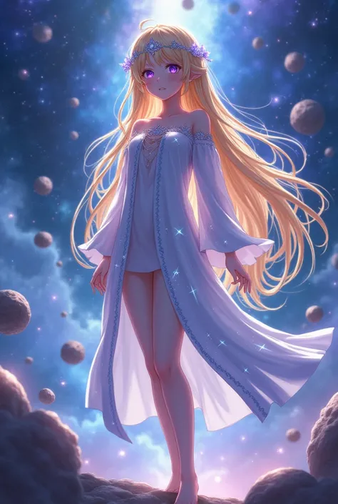 4K anime style quality, digital drawing mode, Space fantasy-themed anime female character, long golden hair with star-like sparkles, glowing lavender eyes, wearing a celestial robe adorned with constellations, Blur the background to create a three-dimensio...