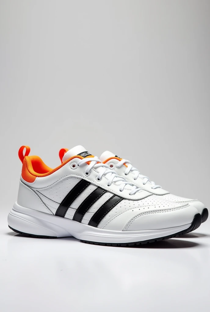 White sneakers with black lines, rubber sole and orange back