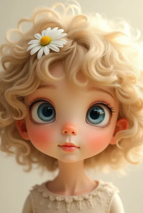 Fluffy curly beige hair, cute blue eyes, Flower