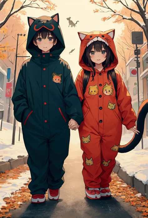 Autumn season、I have two little kittens., Cute little cat, cute kittens, the cutest, Incredibly cute, Cute and lovely, And so cute and adorable.. They are walking along the street with backpacks., Walk together, travel, Proudly walking down the street, And...