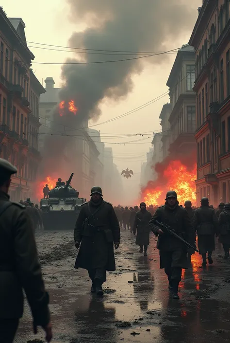 Show the invasion of Poland with Nazi tanks and troops storming the streets of a Polish city. Buildings are being destroyed, people fleeing in panic. The image should be detailed, showing the terror and destruction of the invasion.