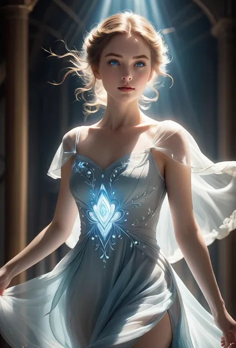 dynamic angle, masterpiece, best quality, (Pale skin and blue eyes, A woman with a perfect face, A transparent body made of light), (garb_A vortex of light, flowing short dress, Simple light embroidery), Natural lighting, Mysterious white light blended tog...