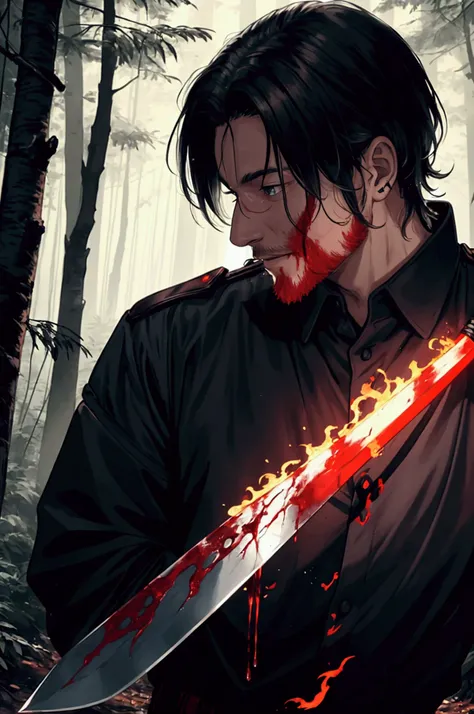 A man in the middle of the forest with his back turned with his face turned back with a smile on his face, his flaming sword with the tip bladed with drops of blood