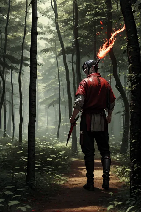 A man in the middle of the forest with his back turned with his face turned back with a smile on his face, his flaming sword with the tip bladed with drops of blood