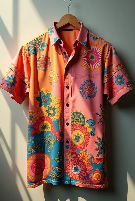 Shirt containing cultures and arts of the Philippines. The base color of the shirt is variation of Orange, white, and Pink