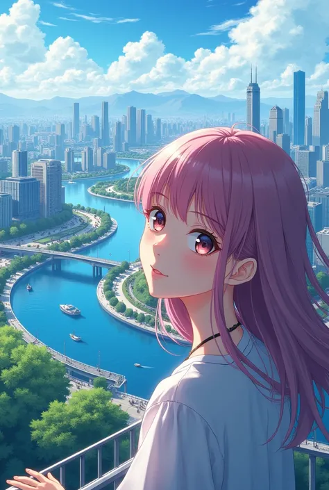 Anime girl in a city with a river landscape in the background