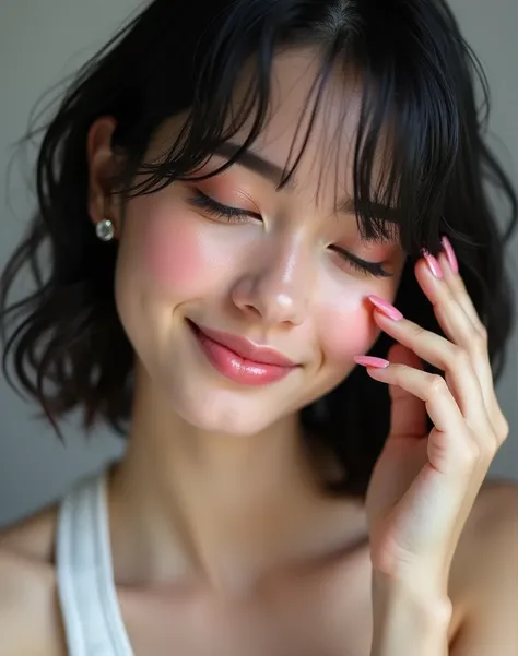 RAW photo, best quality, masterpiece, photorealistic, Polish girl, 20 years old, black hair, short bob cut, hair in 7 thirds, hair over one ear, solo, Detailed Skin, Detailed face, Big Breasts, rip gloss, blush, Eyes closed, one hand on face, smiling, insi...