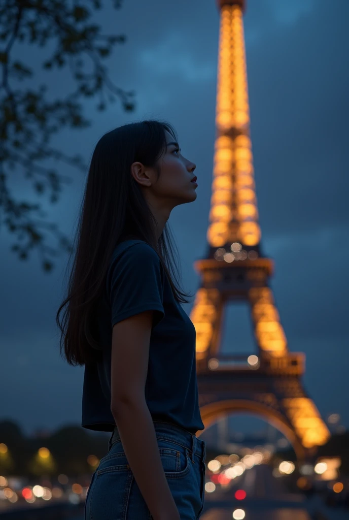 Girl  , 163 height , 57 kg healthy , long black hair, blue loose jeans , dark blue t-shirt , at night in the dark in paris looking up at the elfel tower from close up 

