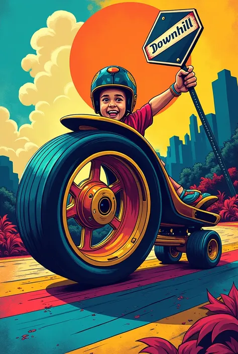 I want a pop art style painting with a personified skate wheel as a character and also with a sign that says down hill.