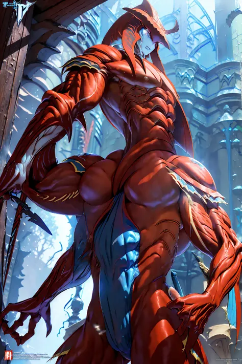 Red body,Blue hood,Slender and huge muscles,armor,Ready your spear,bulging muscles,Evil atmosphere,Huge erect penis,Highest quality,Meticulously detailed,masterpiece,Award-winning works,armor