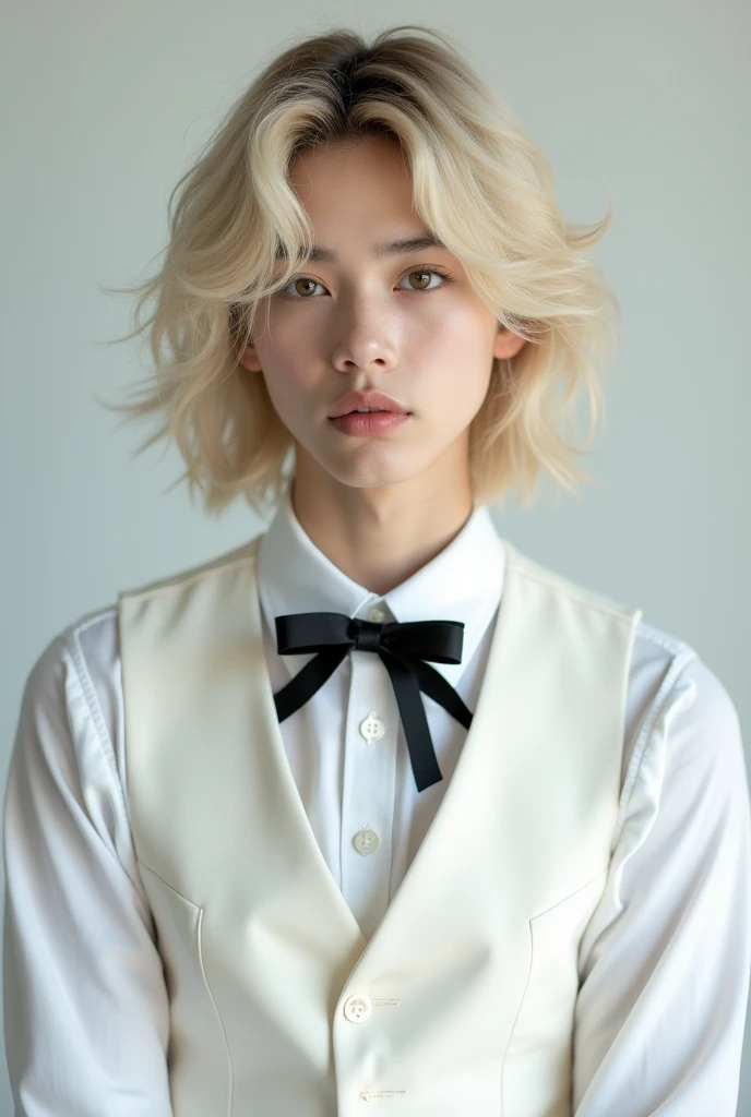 Professional studio image of a young femboy with delicate features and blonde hair covering his forehead, leaving his eyebrows showing a little.. Wearing a white long-sleeved shirt and a white dress vest with a black bow on top.