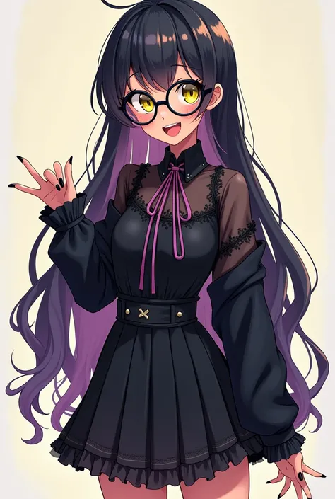 Anime nerdy girl, black hair, highlights, tan skin, yellow eyes, full body, black nails, glasses, goth clothing, cute skirt, happy