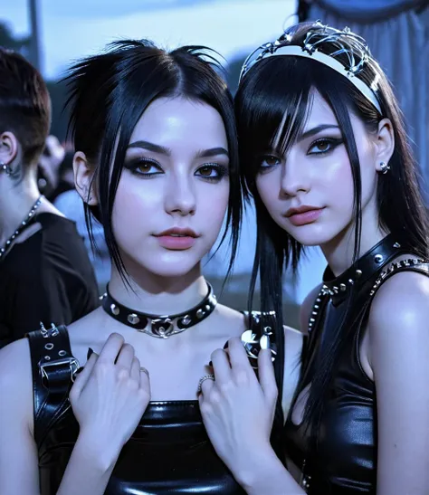 two pretty gothic punk girls at a rock party with night sky, bdsm collar, lean and slender bodies, straight black hair down to t...